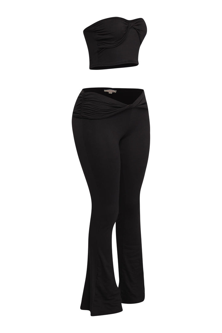 Black two-piece outfit with twist detail bandeau and comfy flare pants

