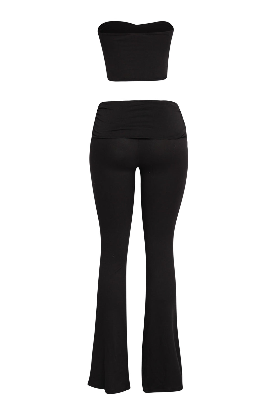 All-black tube top and flare pant lounge set with elevated minimal feel

