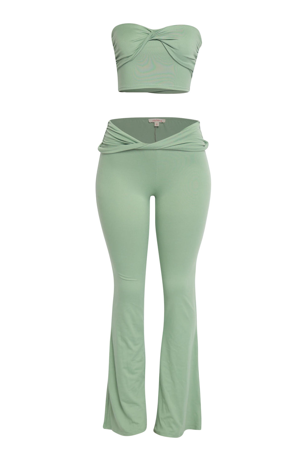 Sage green co-ord set with strapless crop top and relaxed-fit flared pants

