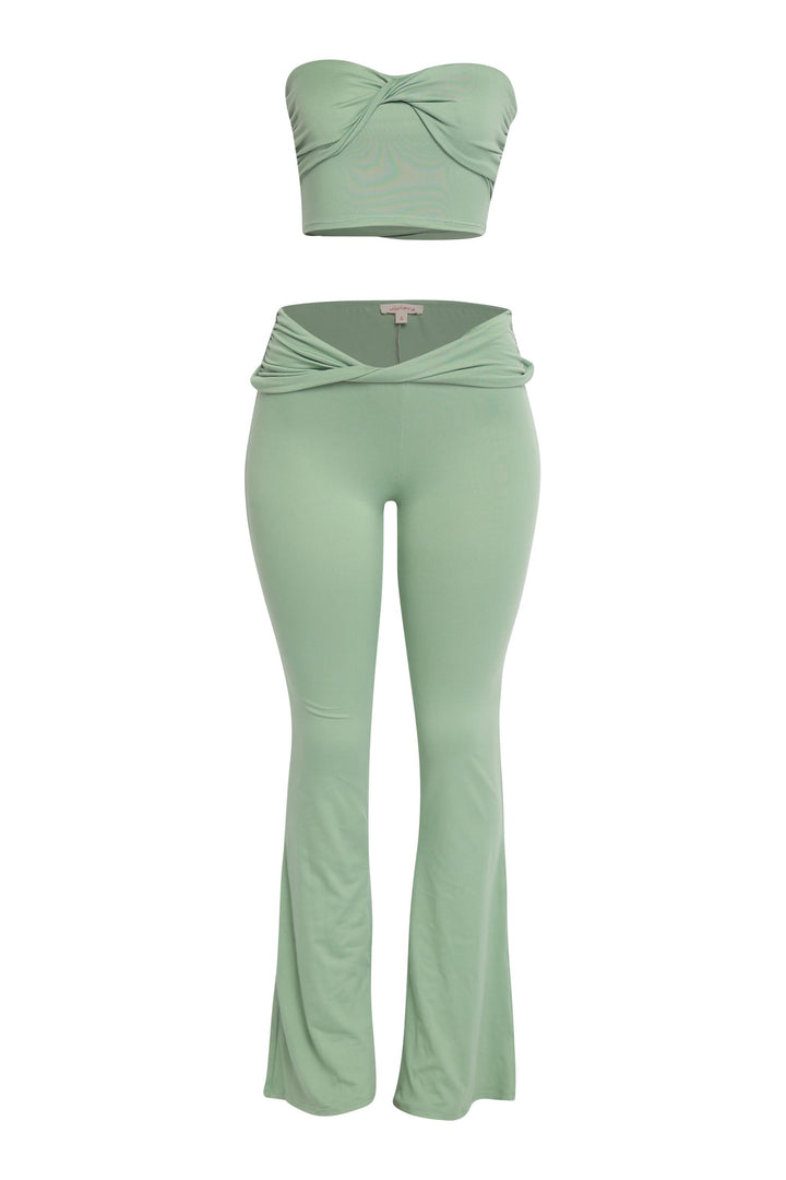 Sage green co-ord set with strapless crop top and relaxed-fit flared pants

