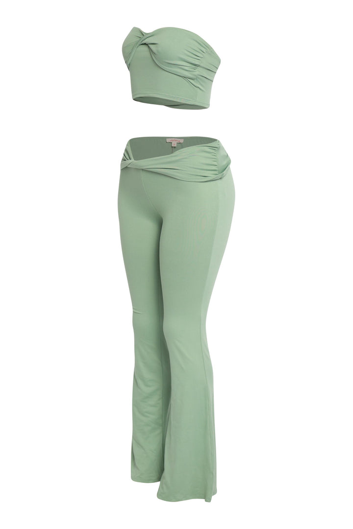 Trendy sage matching set with twisted bandeau and curve-accentuating flares

