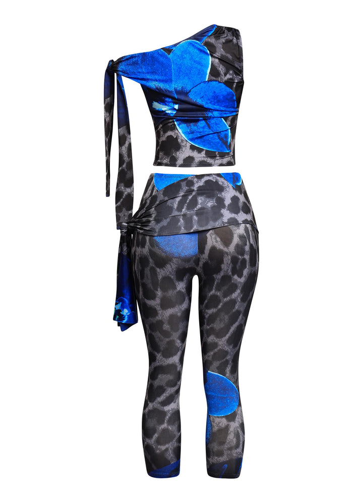 Rear view of blue leopard flower co-ord set with cap sleeves and ruched waistband

