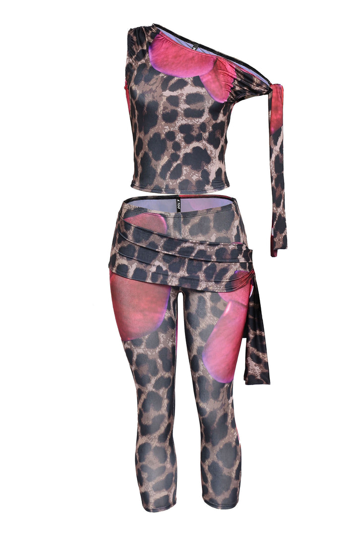 Pink combo floral and leopard print matching set with side-tie details and body-hugging fit

