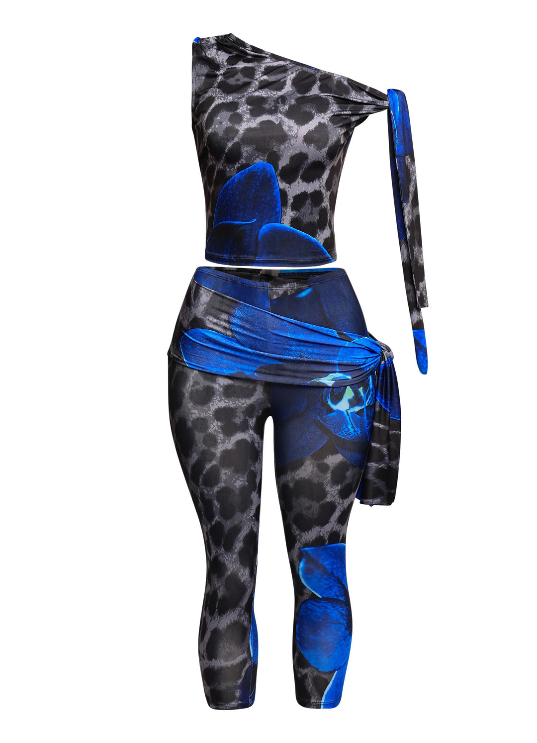 Side view of blue animal print 2-piece outfit with stretch crop top and capri leggings

