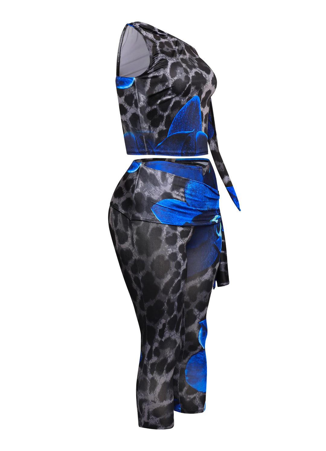 Full-body angle showing bold blue print two-piece with adjustable side ties and slim fit

