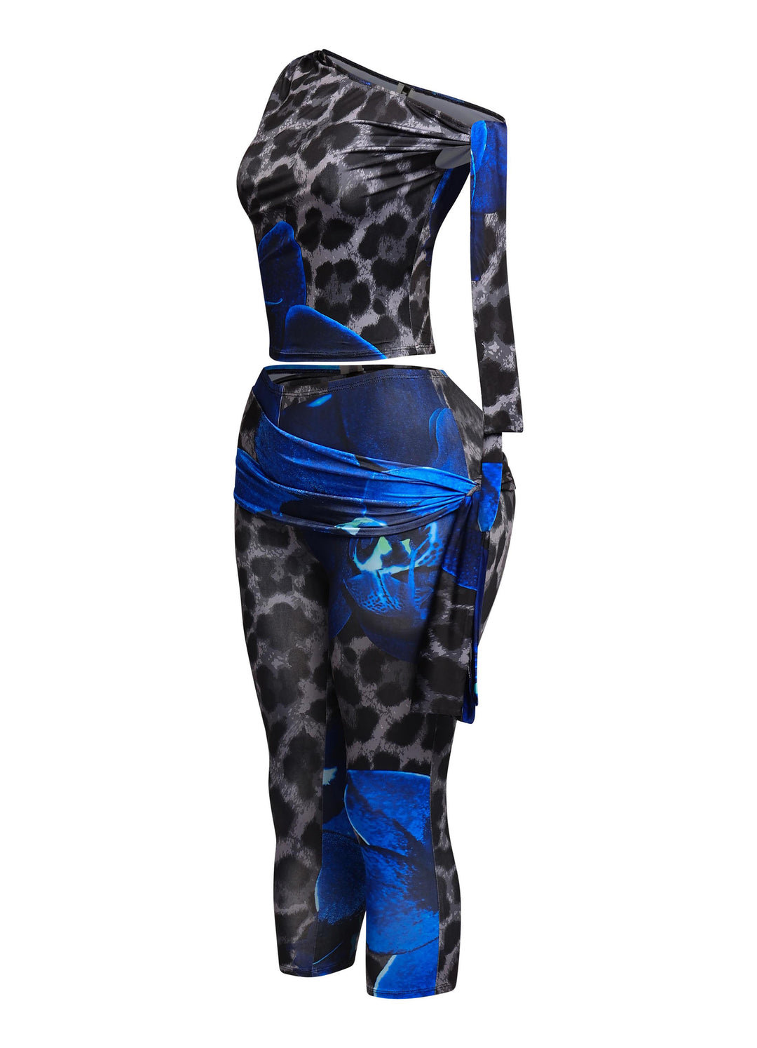 Blue combo floral leopard print set with asymmetrical sleeveless top and tie waist detail

