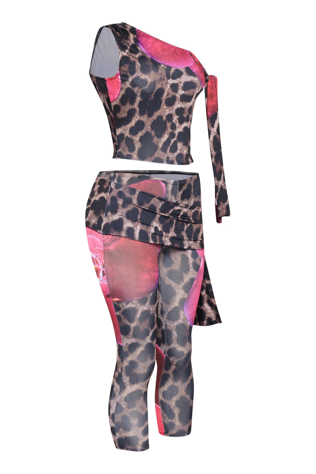 Back view of pink animal print 2-piece outfit with elastic waist and floral detail

