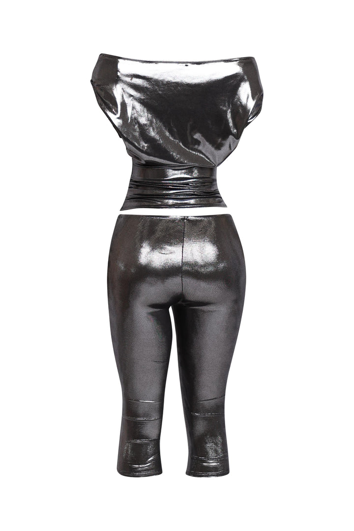 All-black shimmer set with party-ready shine and flattering silhouette