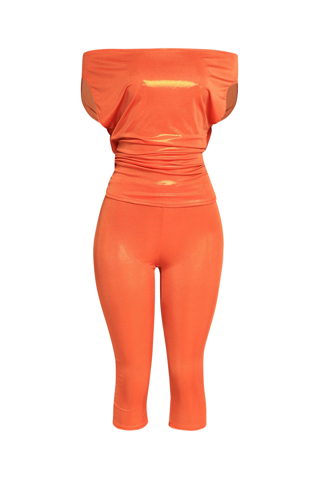Bold tangerine shimmer set with asymmetric off shoulder styling and vibrant shine
