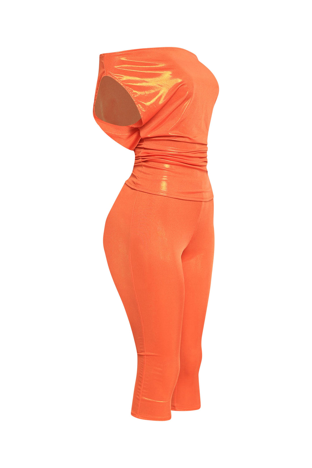 Tangerine foil two-piece outfit with ruched detailing and eye-catching finish