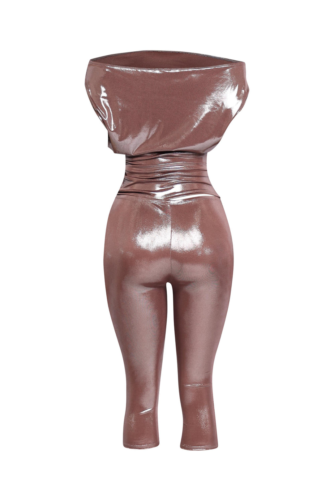 Mocha-toned foil outfit with luxe texture and modern street glam look