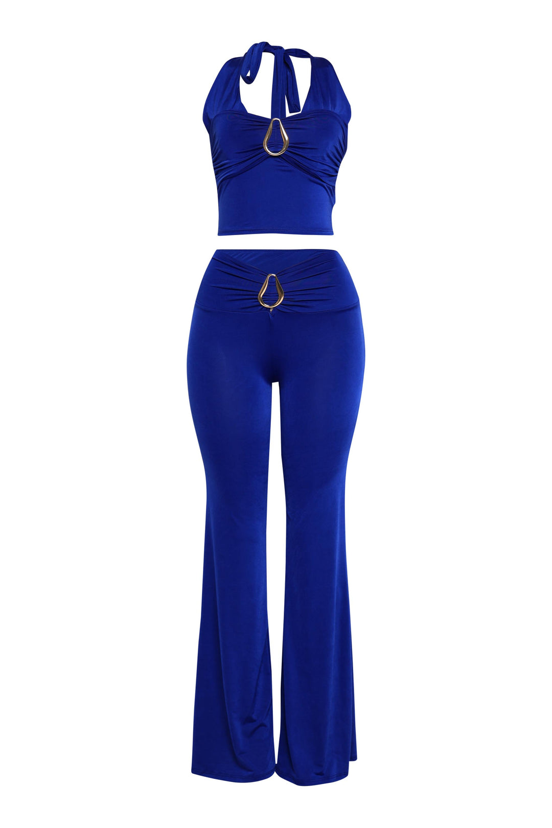 Bold royal halter crop and pants outfit for night out looks