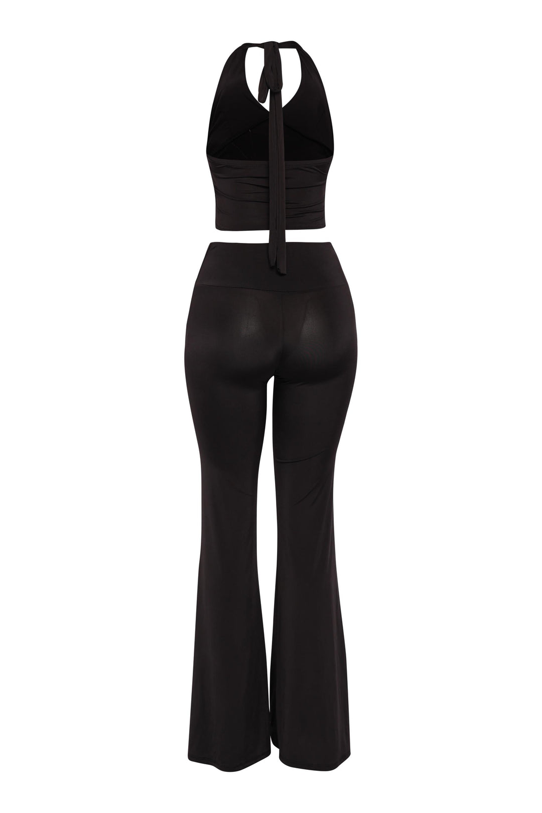 Black halter crop top and flare pants set with waist shaping trim