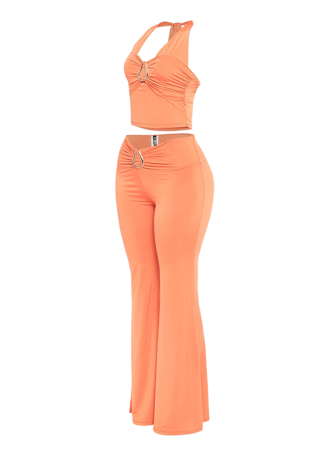 Vibrant orange two piece halter crop set with flared bottoms