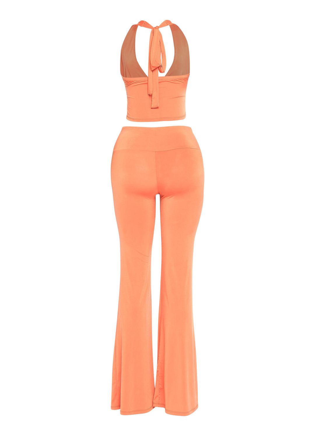 Orange halter flare pants set with waist-accentuating trim