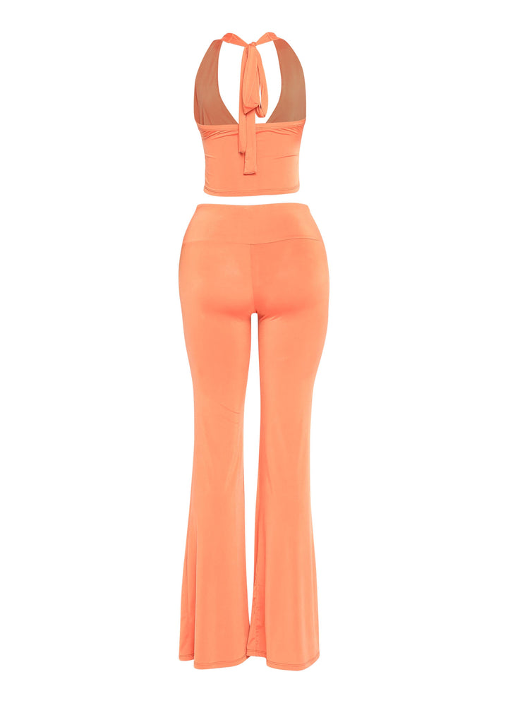 Orange halter flare pants set with waist-accentuating trim