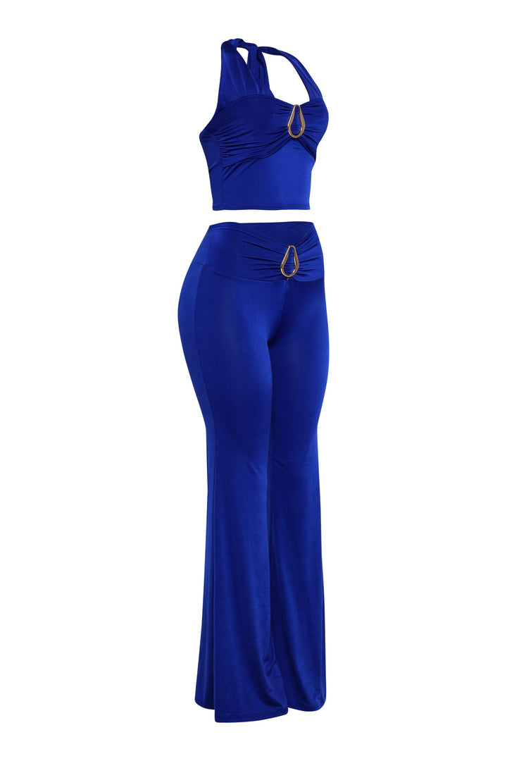 Vibrant blue halter set with slight V-waist and stretch flare