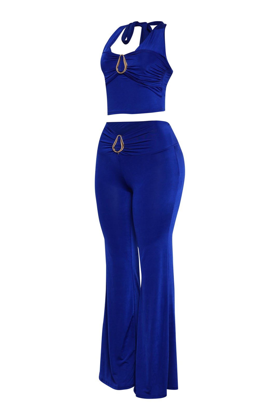 Two piece royal outfit with high waist pants and sleek trim