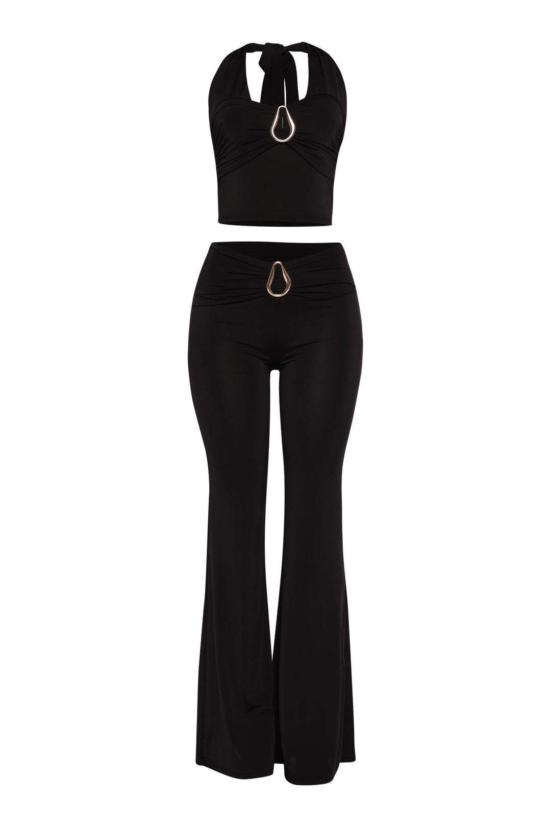 Minimal black halter pant set with subtle trim and elegant shape