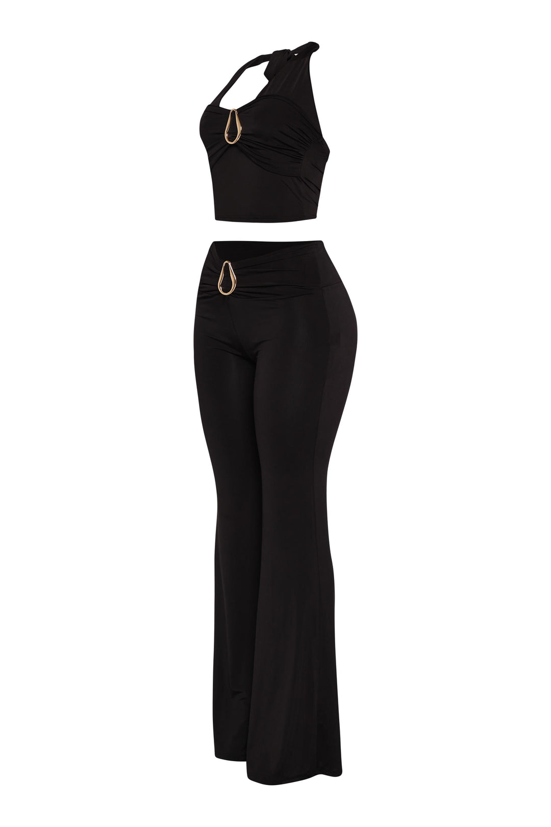 Sleek black matching halter set with V-cut front and flare legs