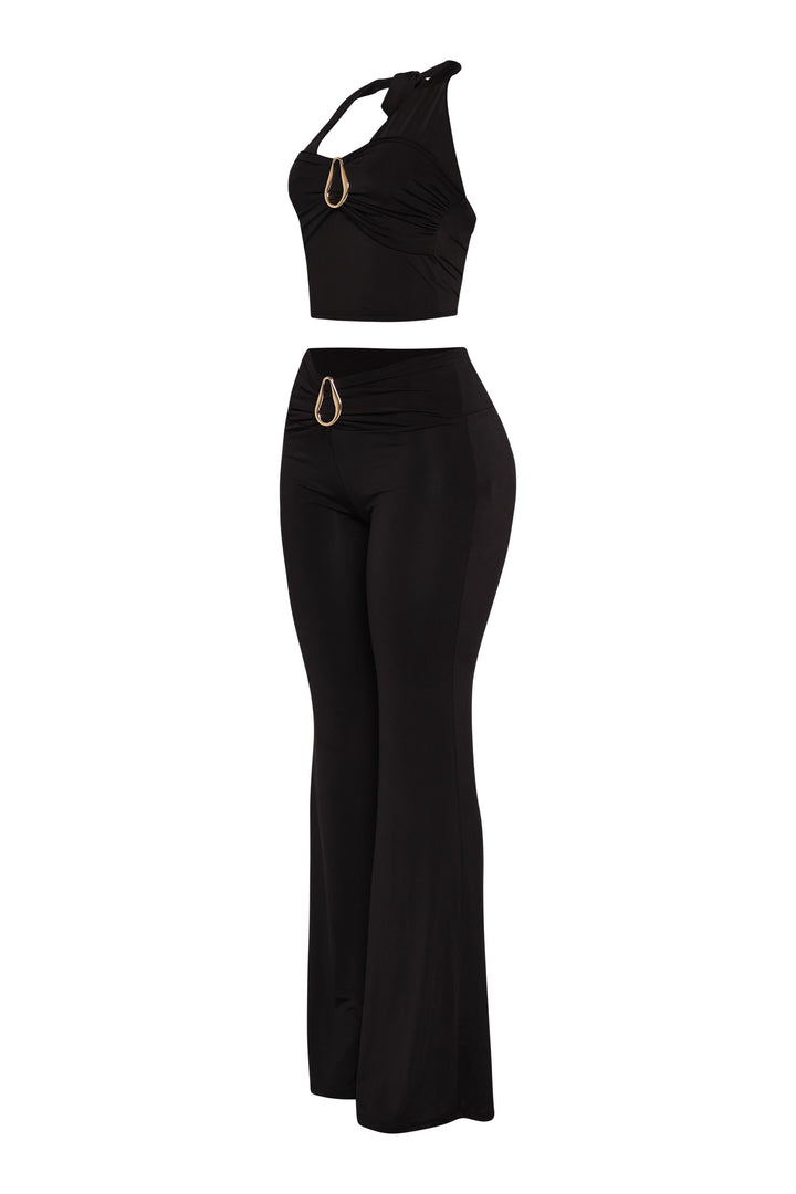 Sleek black matching halter set with V-cut front and flare legs
