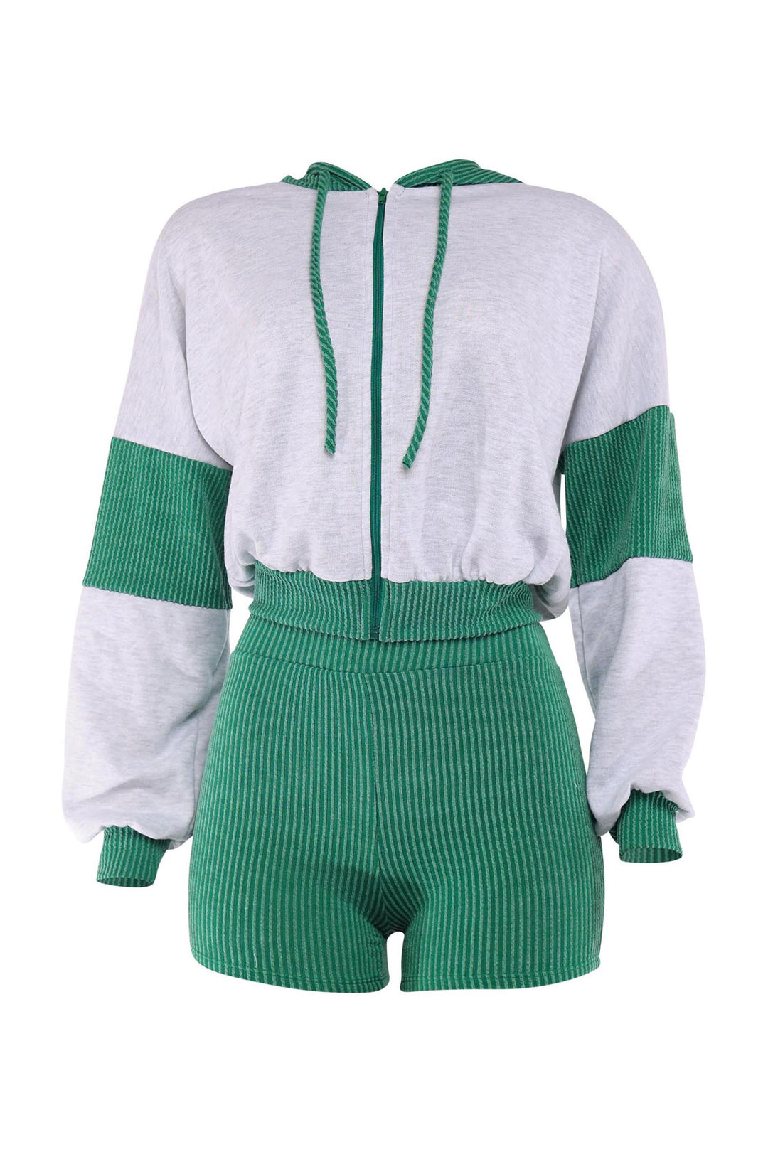 Heather grey and kelly green zip-up hoodie with matching high-rise shorts

