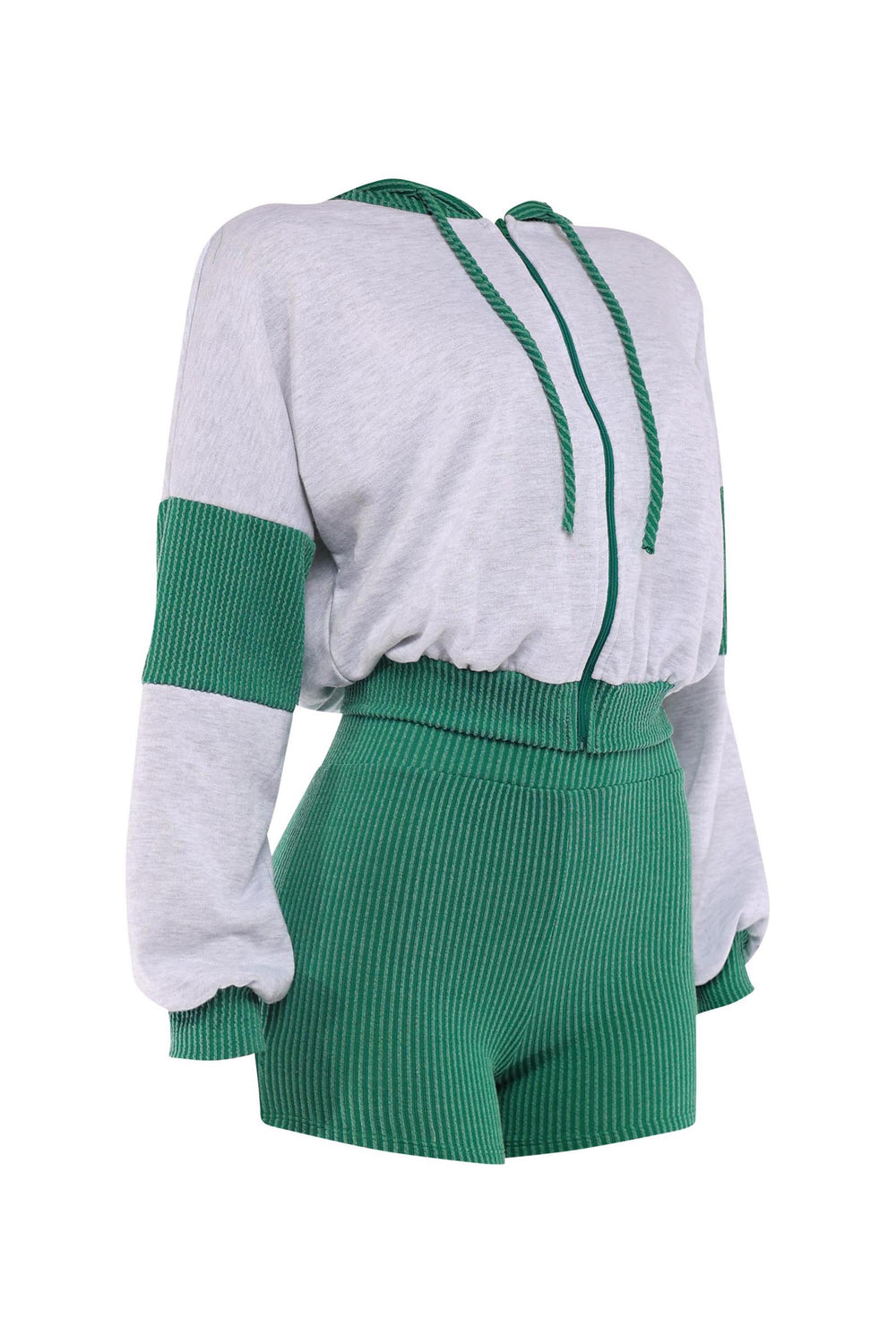 Heather grey cropped hoodie with green panels and elastic-waist green shorts