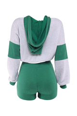 Close-fit green shorts with ribbed texture and matching zip hoodie

