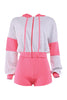 Heather grey and hot pink zip-up hoodie with elastic shorts in color block style

