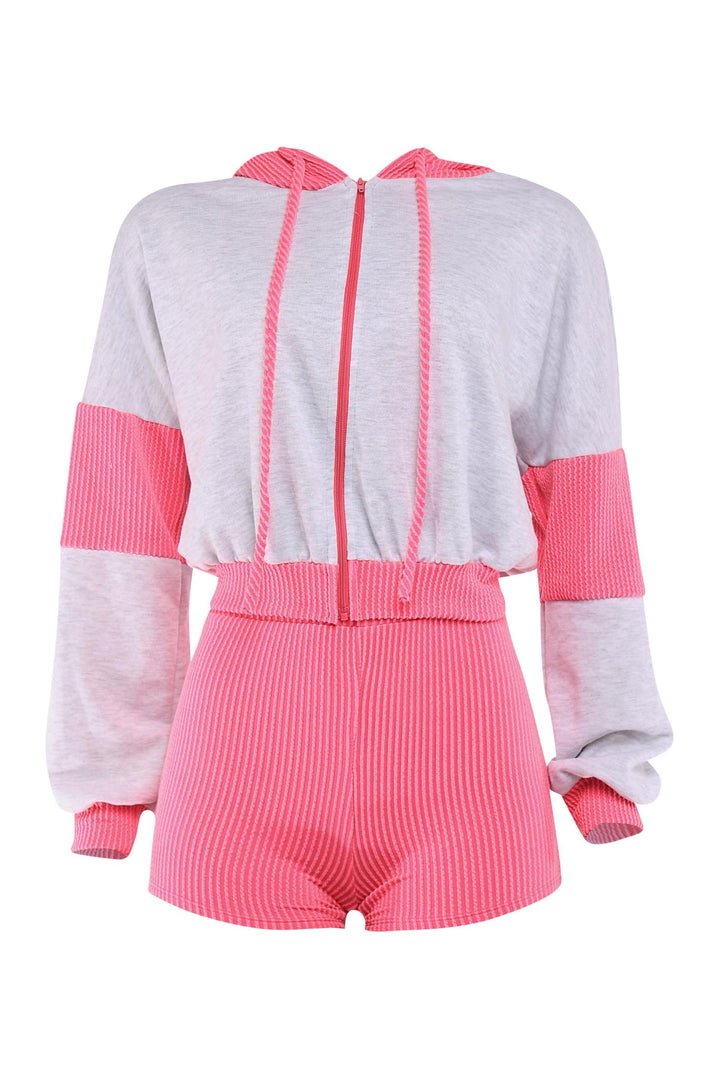 Heather grey and hot pink zip-up hoodie with elastic shorts in color block style

