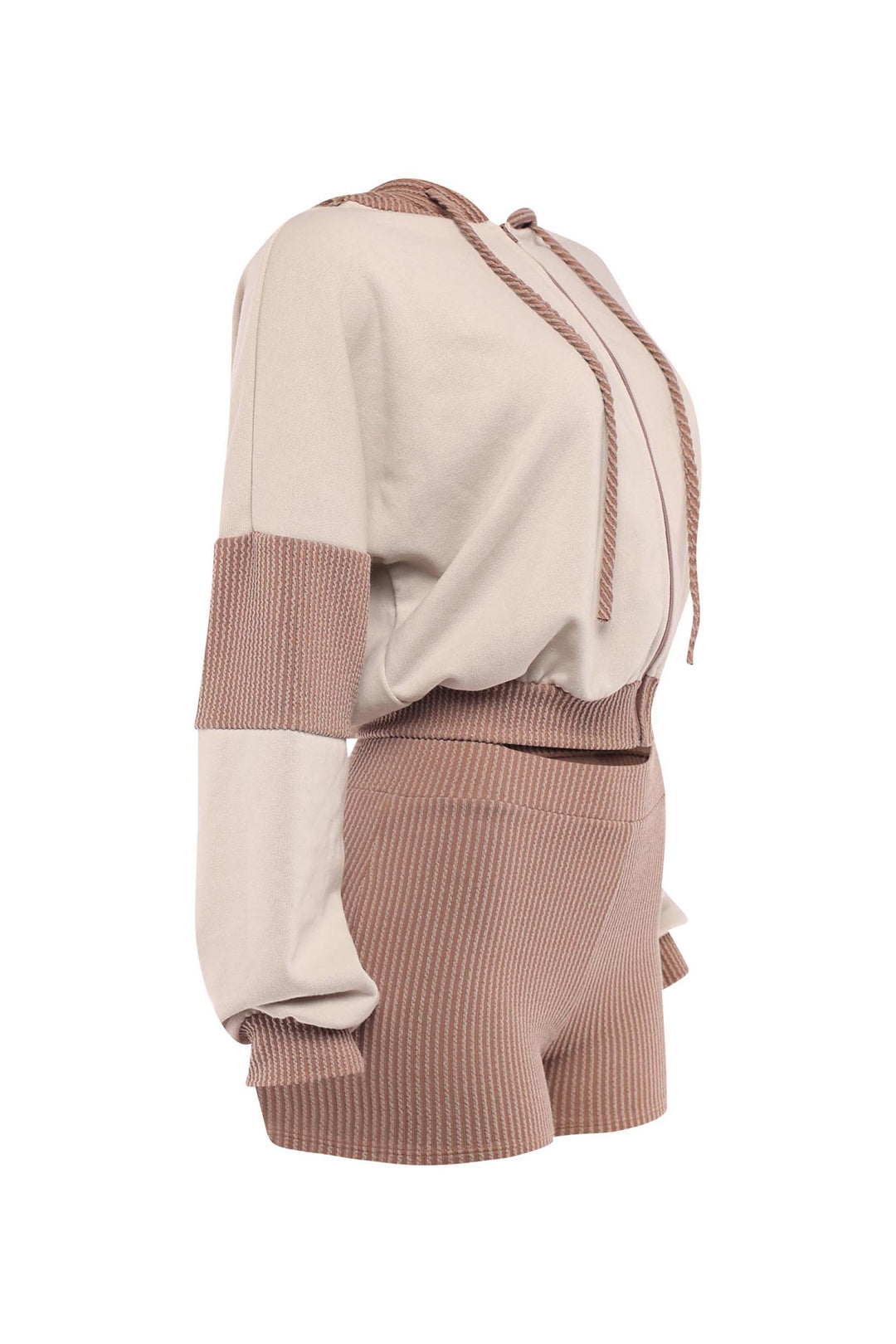 Soft taupe hoodie with mocha side panels and coordinating shorts

