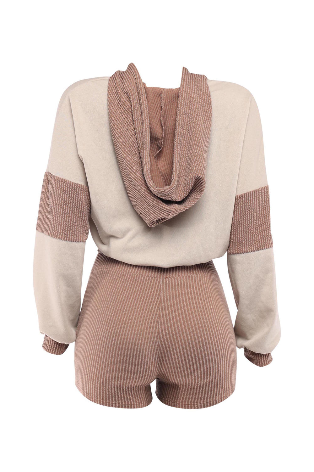 Neutral-toned two-piece set featuring elastic shorts and cropped hoodie

