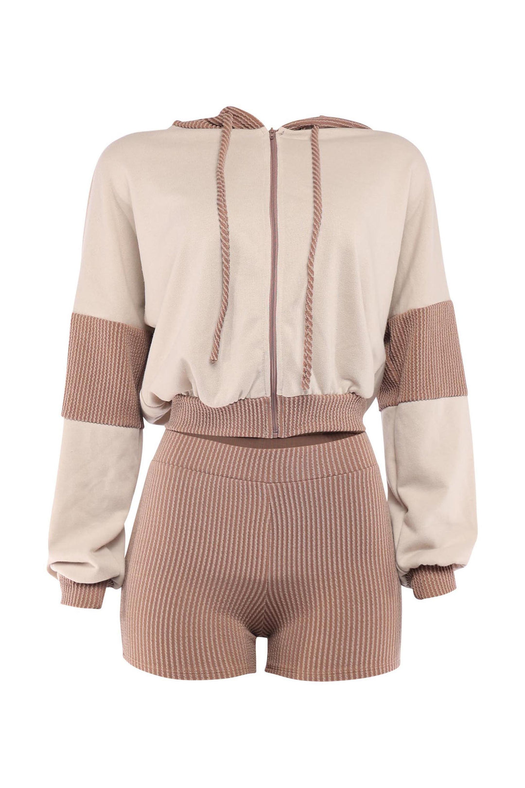 Taupe and mocha cropped zip hoodie set with tonal ribbed shorts

