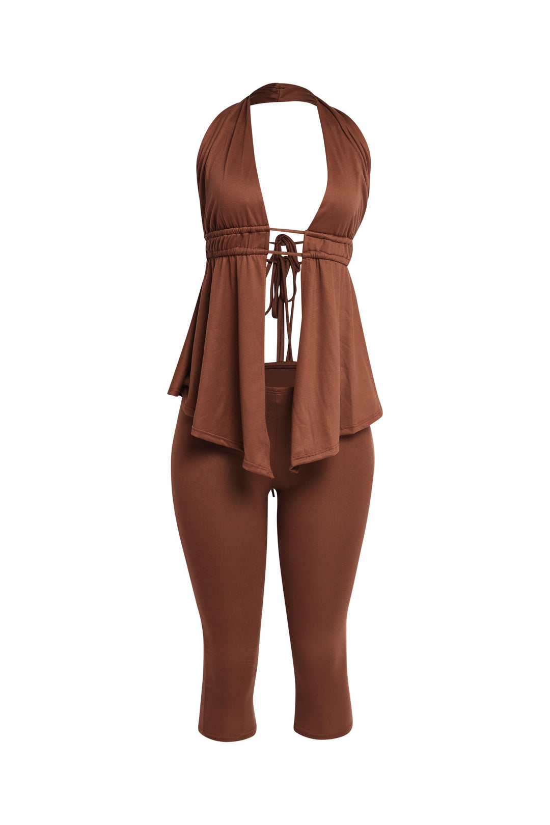 Dark mocha halter top and capri leggings two-piece set

