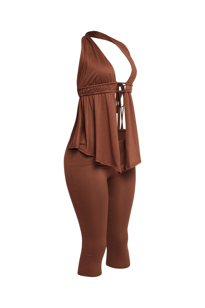 Earthy brown cutout top set with cropped pants and backless detail

