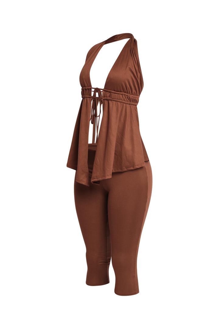 Dark brown sleeveless capri set with fashion-forward energy

