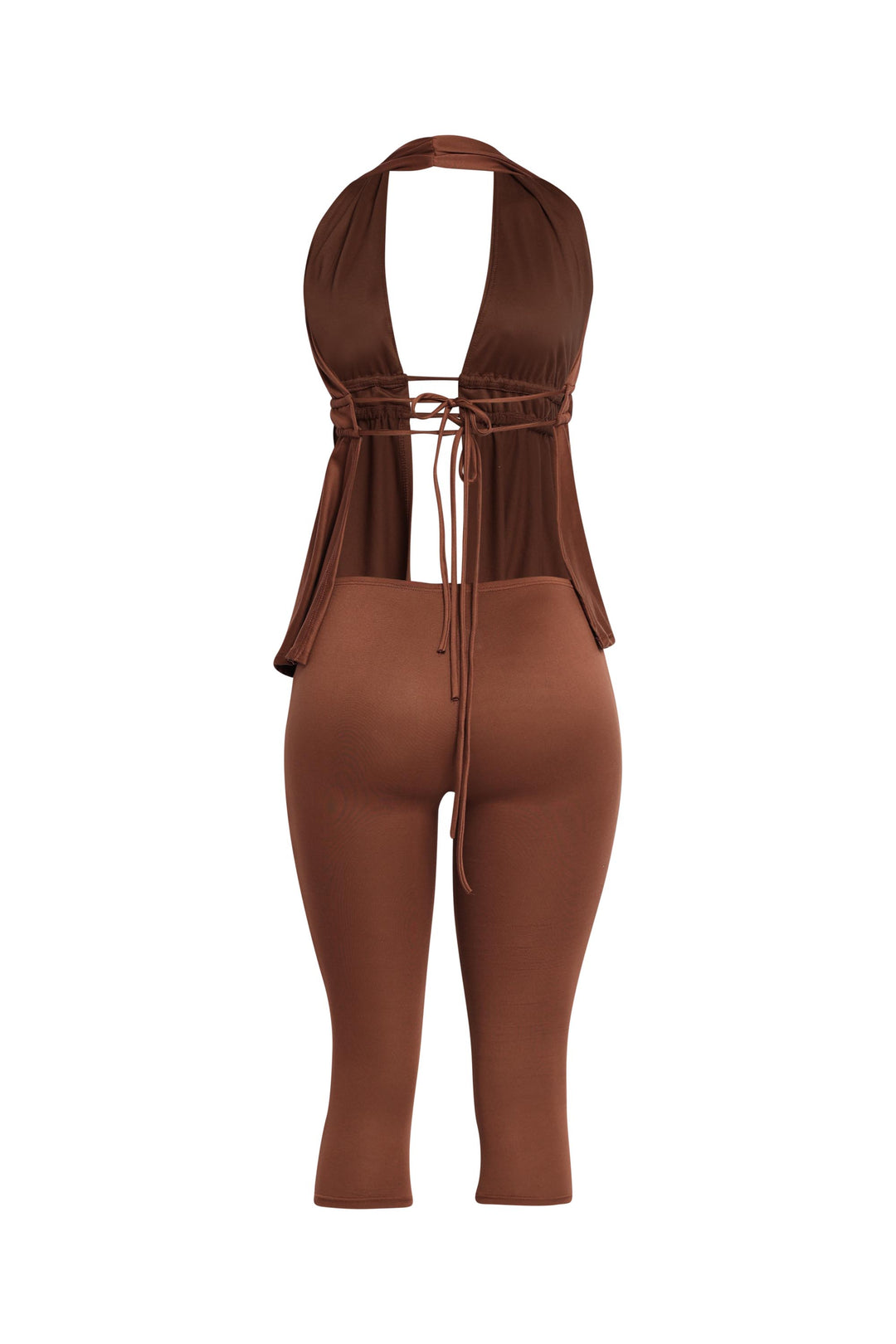 Mocha fitted halter outfit with slit front and stretch comfort


