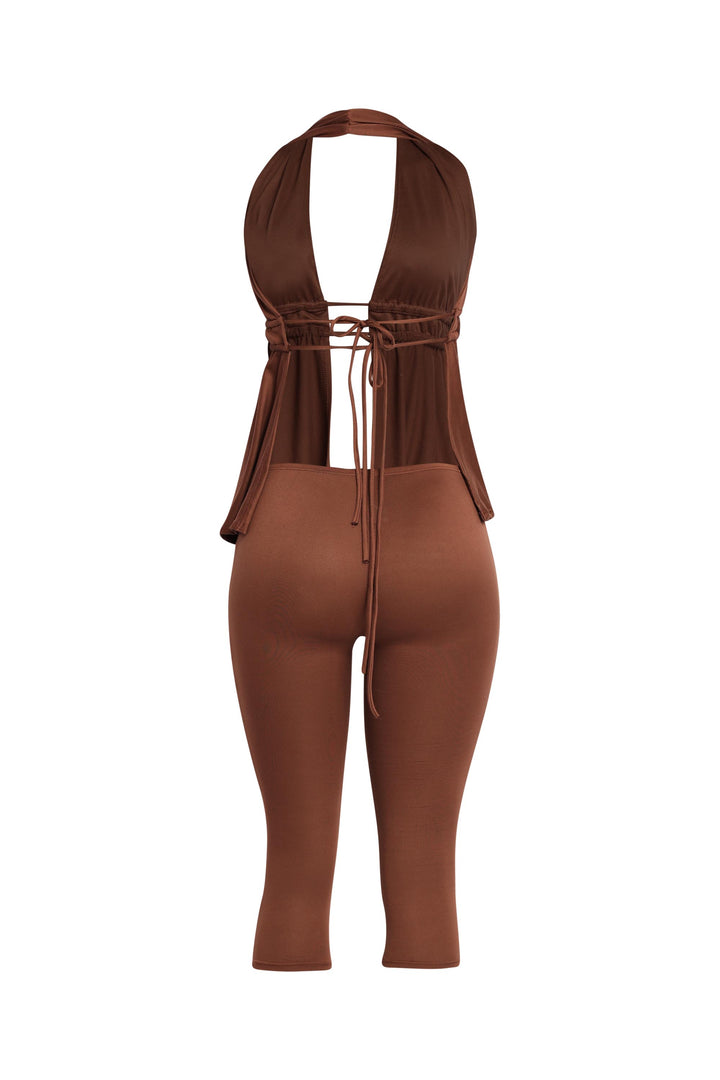 Mocha fitted halter outfit with slit front and stretch comfort

