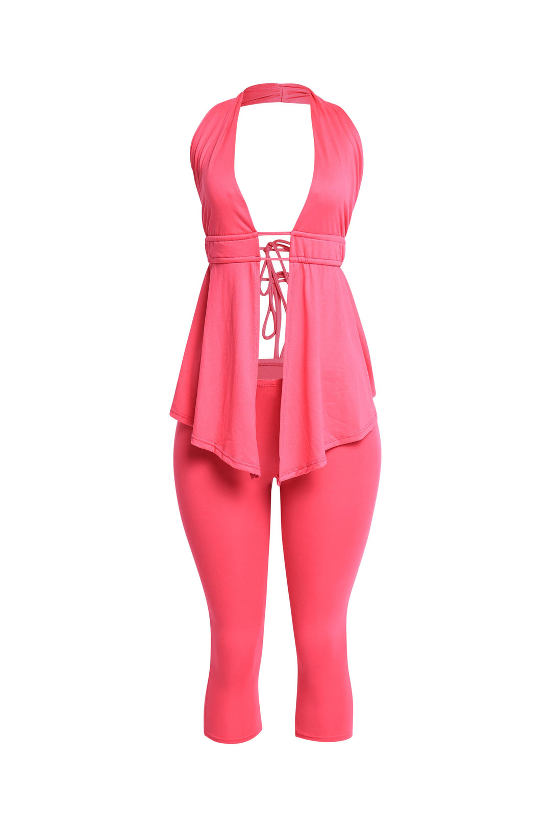 Bright fuschia halter cutout capri outfit with bold summer vibe

