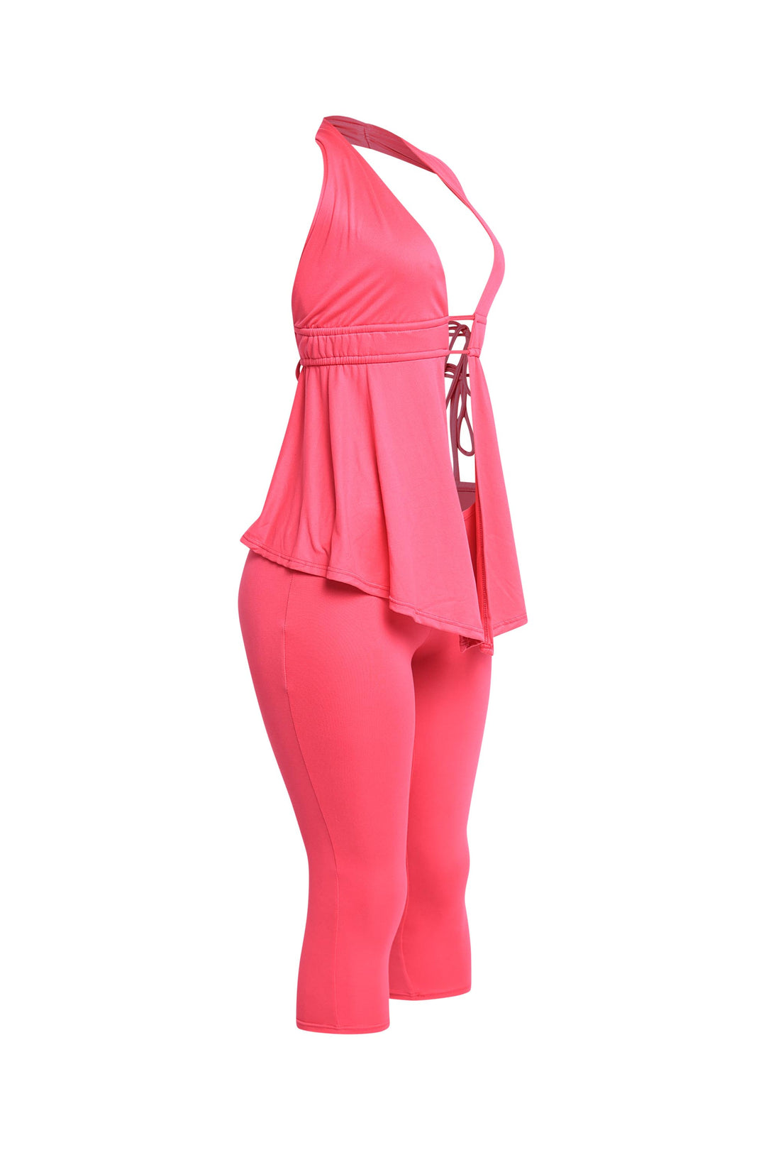 Vibrant pink matching set with open back and cropped leggings

