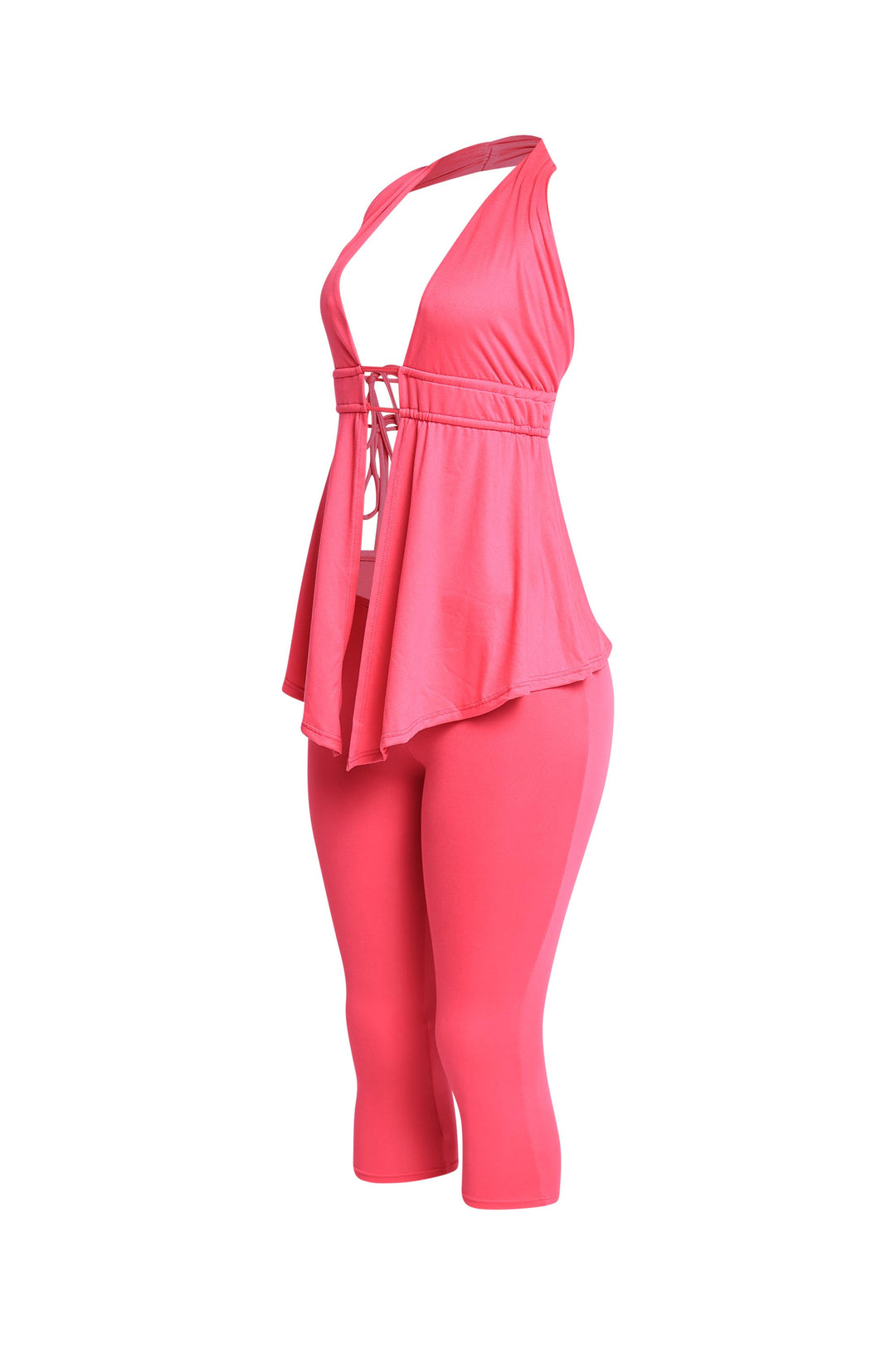 Fuschia capri set with curve-hugging fit and halter slit top

