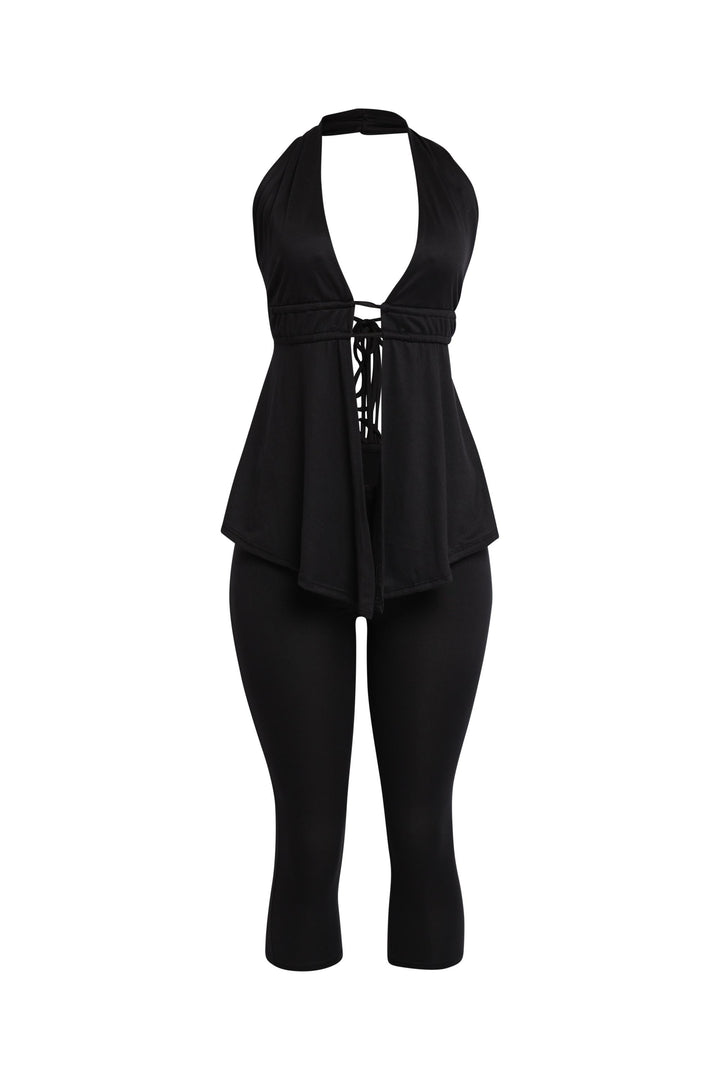 Black halter capri set with open back and front slit detail

