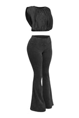 Right angle of vintage black cotton set with round neckline and high-rise pants