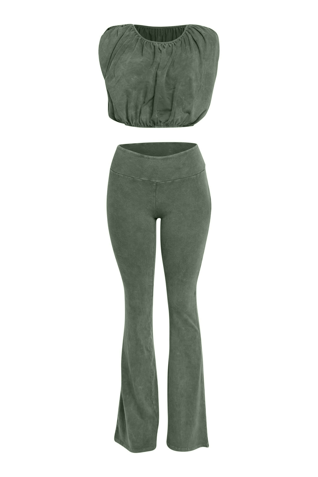 Front view of olive green bubble top and washed flare pants cotton set