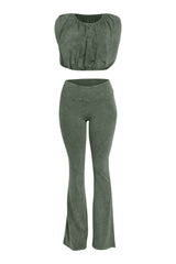 Front view of olive green bubble top and washed flare pants cotton set