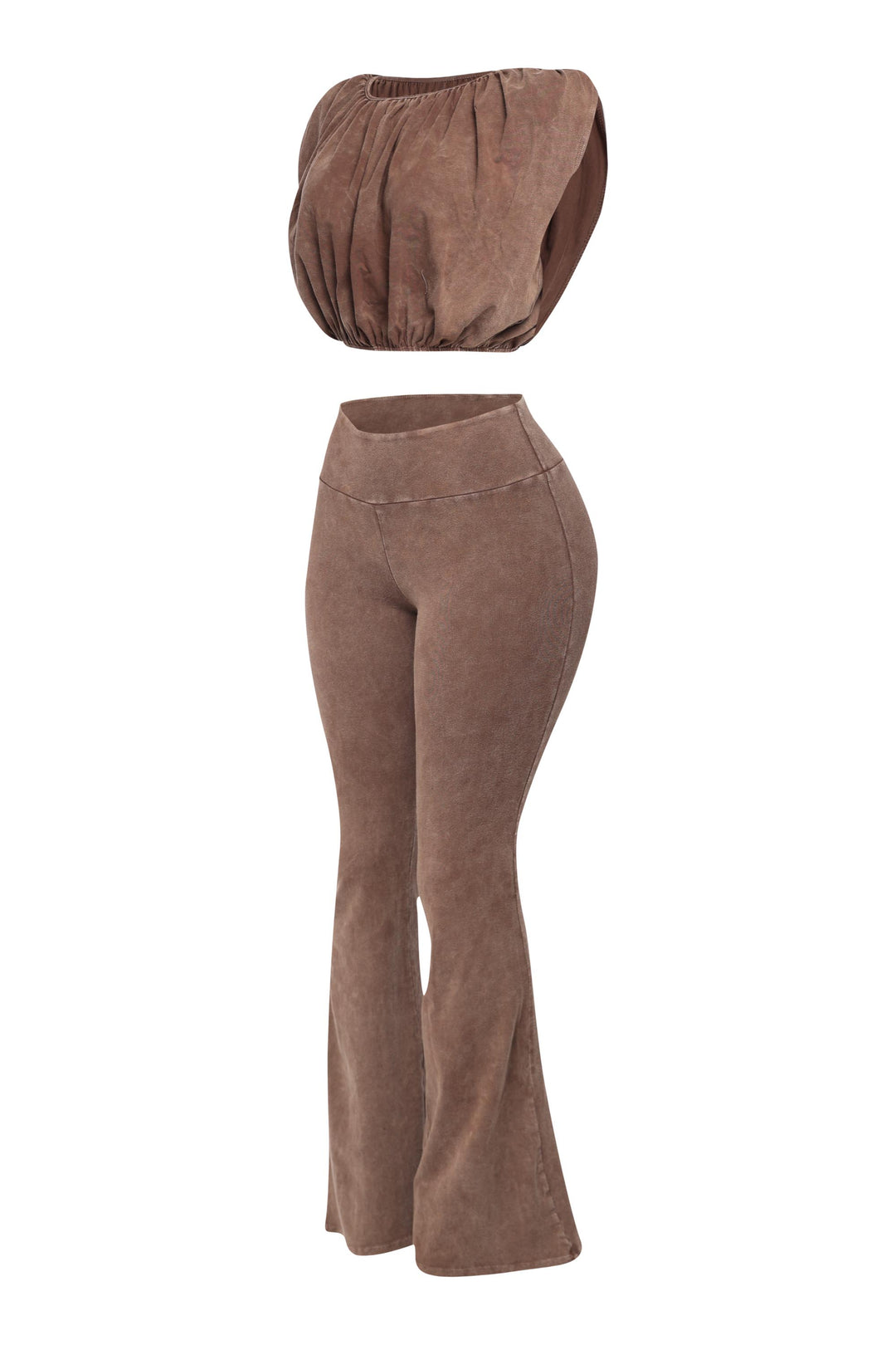 Left angle showing soft brown two-piece with exaggerated crop top and flares
