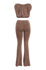Back view of cocoa washed cotton lounge set with flared hem and banded waist