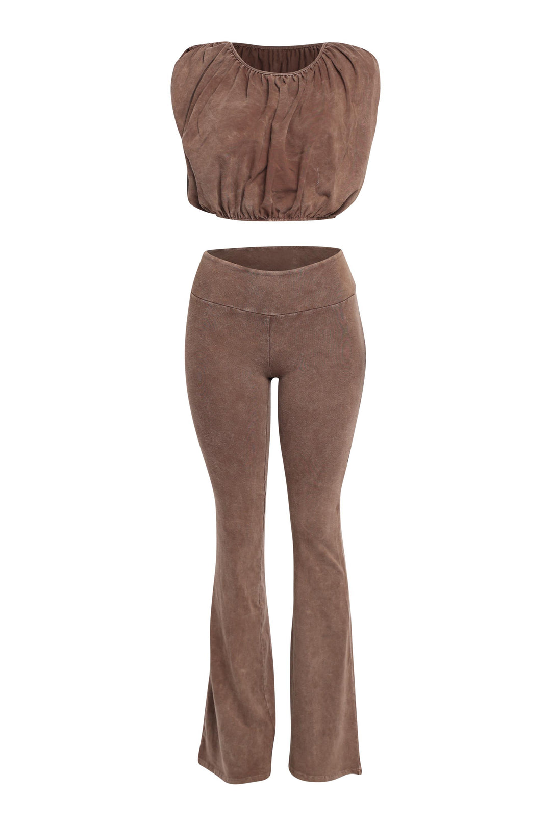 Front view of cocoa bubble crop top and flare pant set in washed cotton