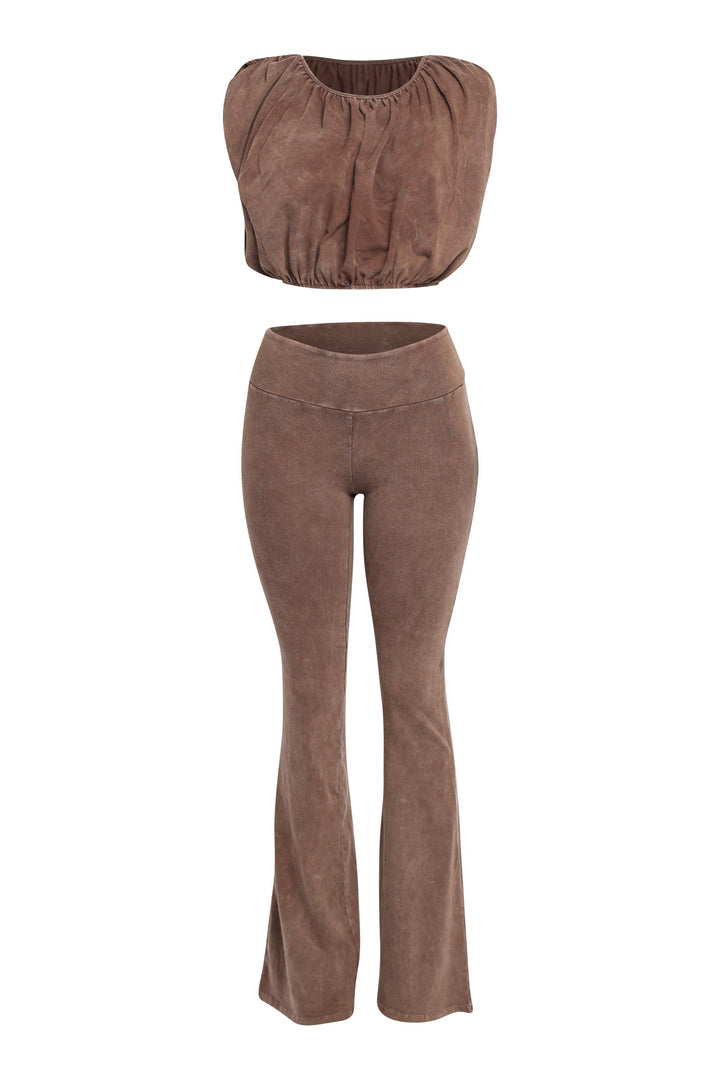 Front view of cocoa bubble crop top and flare pant set in washed cotton