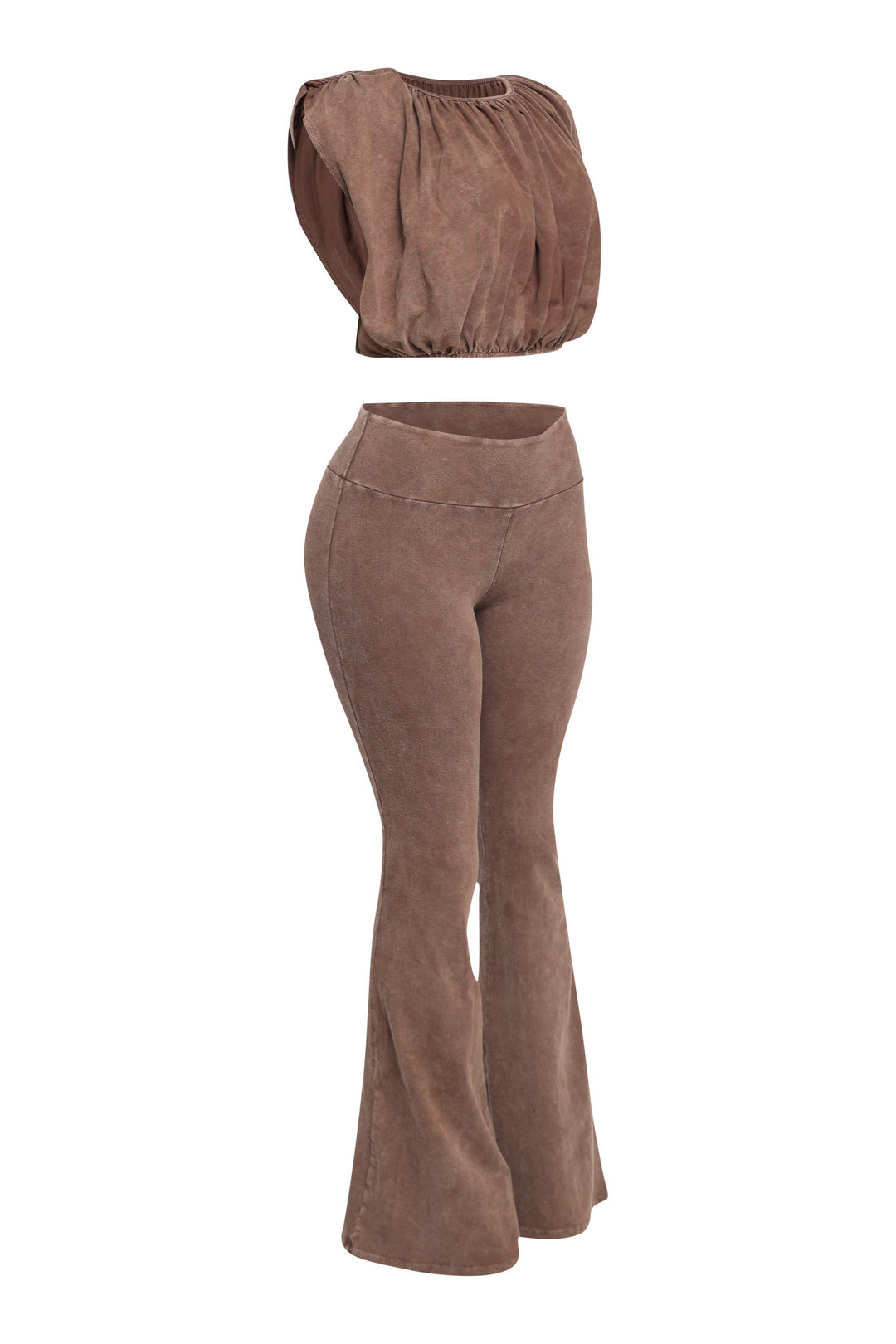 Right side angle of brown bubble top and slim flared pants outfit with tonal texture